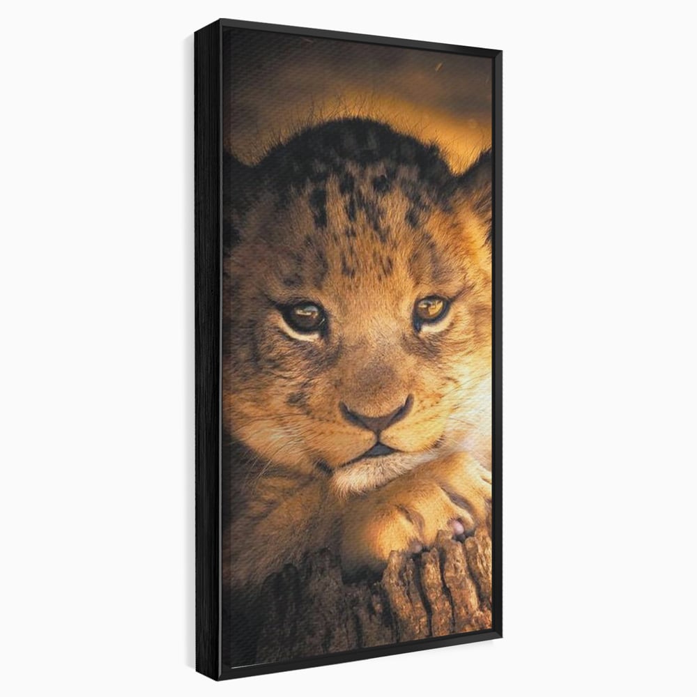 Tablou canvas cu tablou canvas cu portret de pui de leu, in rama de aluminiu negru